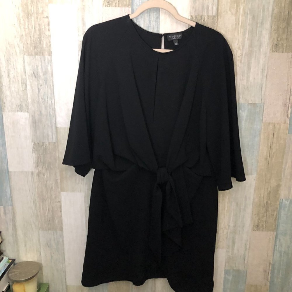 TOPSHOP Mini Dress Women's size 12 Waist Tie Short Sleeve Modern LBD Black - NEW